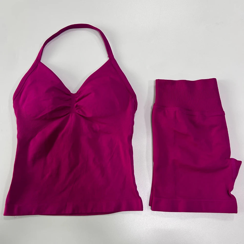 Women's 2-Piece Gym Set - Backless Tank Top & Seamless Shorts