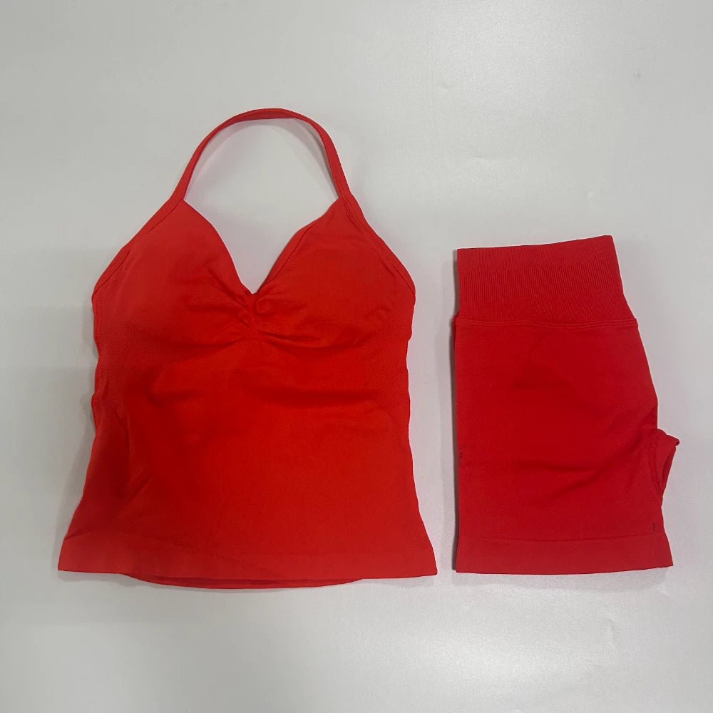 Women's 2-Piece Gym Set - Backless Tank Top & Seamless Shorts