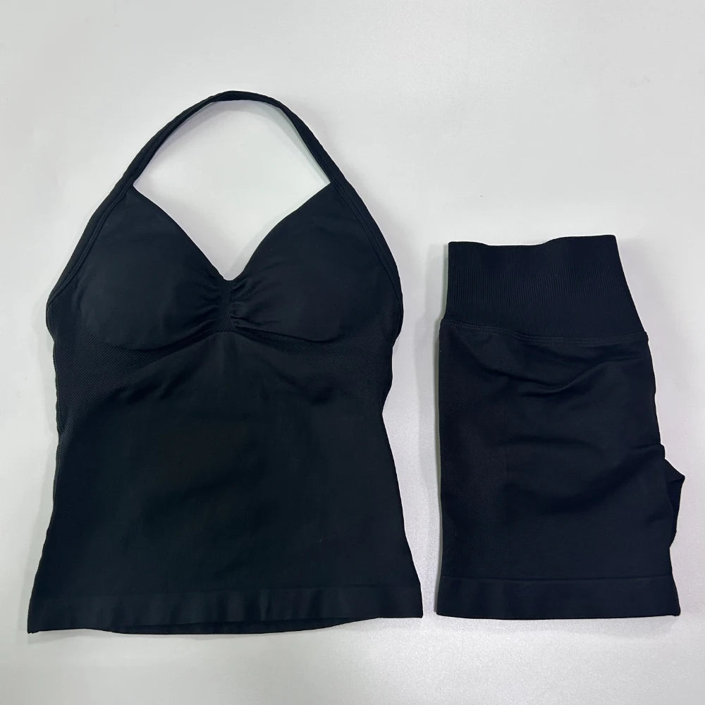 Women's 2-Piece Gym Set - Backless Tank Top & Seamless Shorts