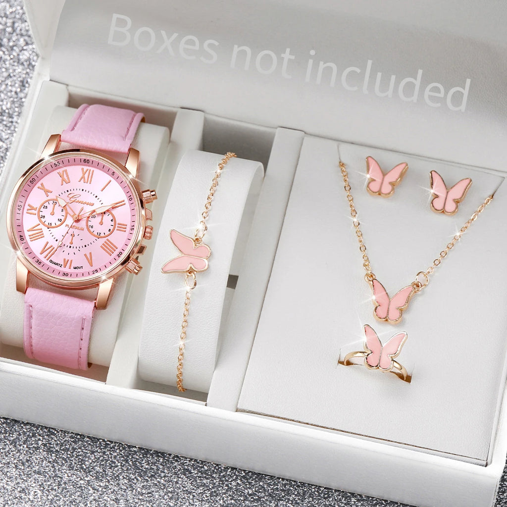 6PCS/Set Fashion Women's Quartz Watch Leather Band Analog Wrist Watches Heart Rhinestone Jewelry Set(Without Box)