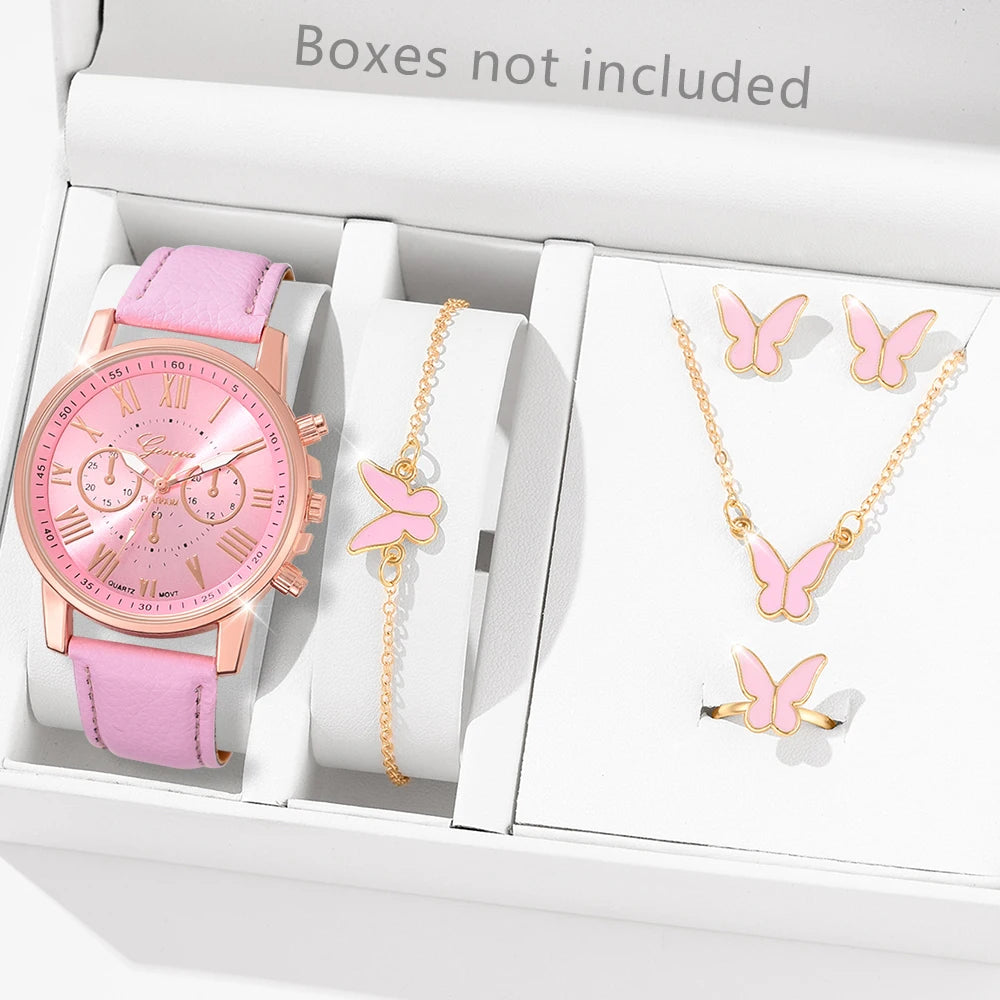 6PCS/Set Fashion Women's Quartz Watch Leather Band Analog Wrist Watches Heart Rhinestone Jewelry Set(Without Box)