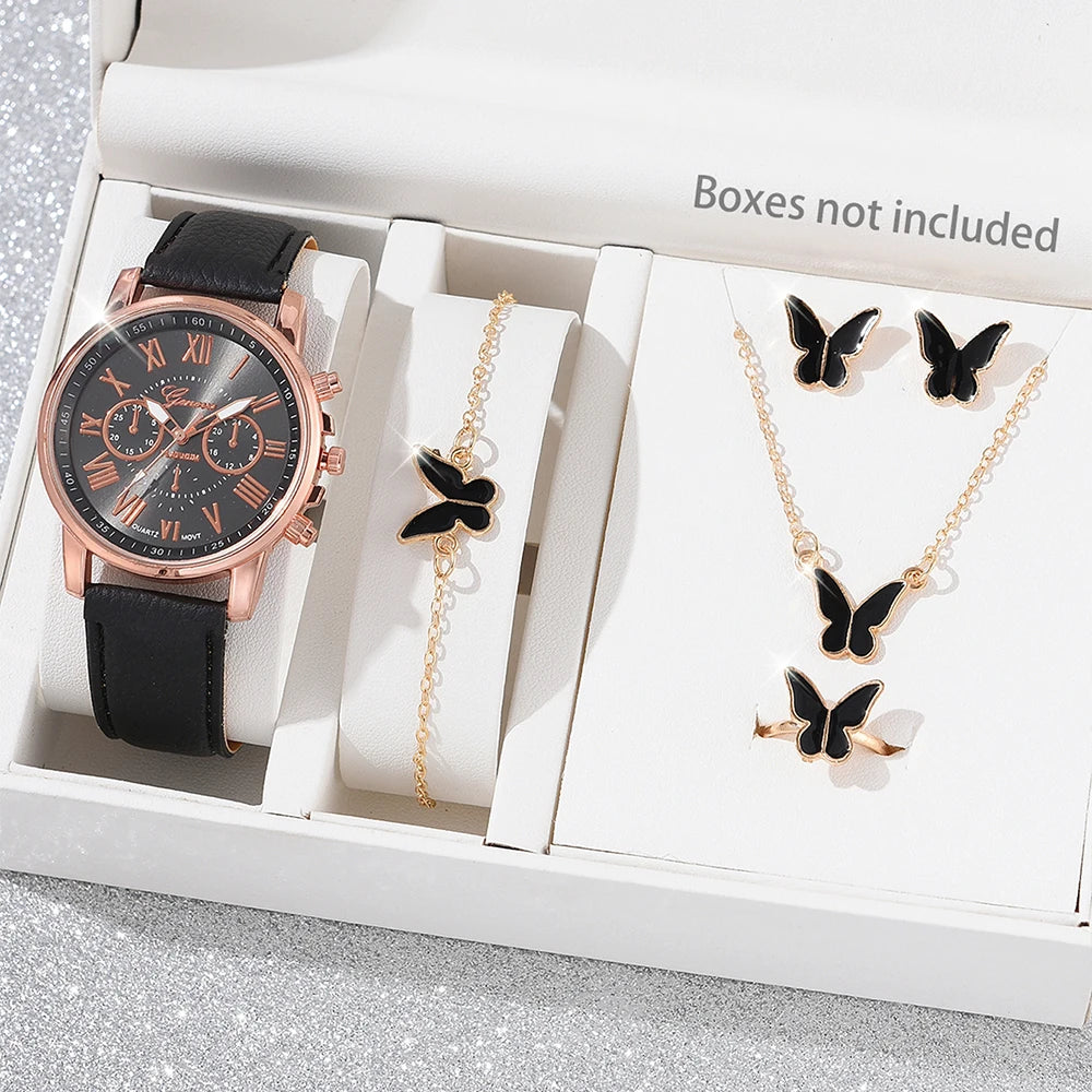 6PCS/Set Fashion Women's Quartz Watch Leather Band Analog Wrist Watches Heart Rhinestone Jewelry Set(Without Box)