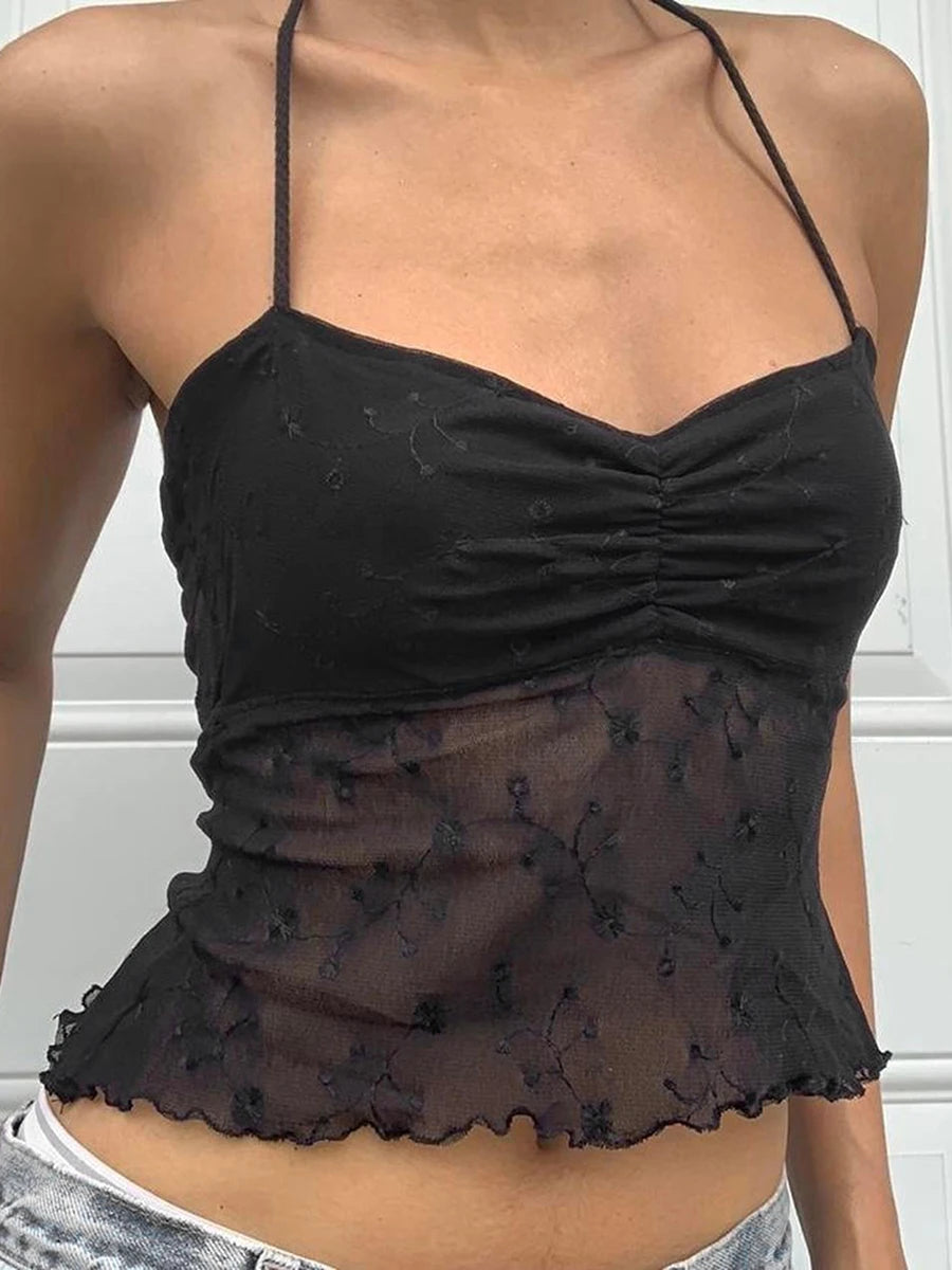 Y2K Halter Crop Top - Sexy Lace Floral Backless Summer Tank