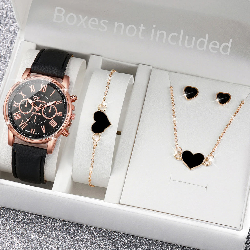 6PCS/Set Fashion Women's Quartz Watch Leather Band Analog Wrist Watches Heart Rhinestone Jewelry Set(Without Box)