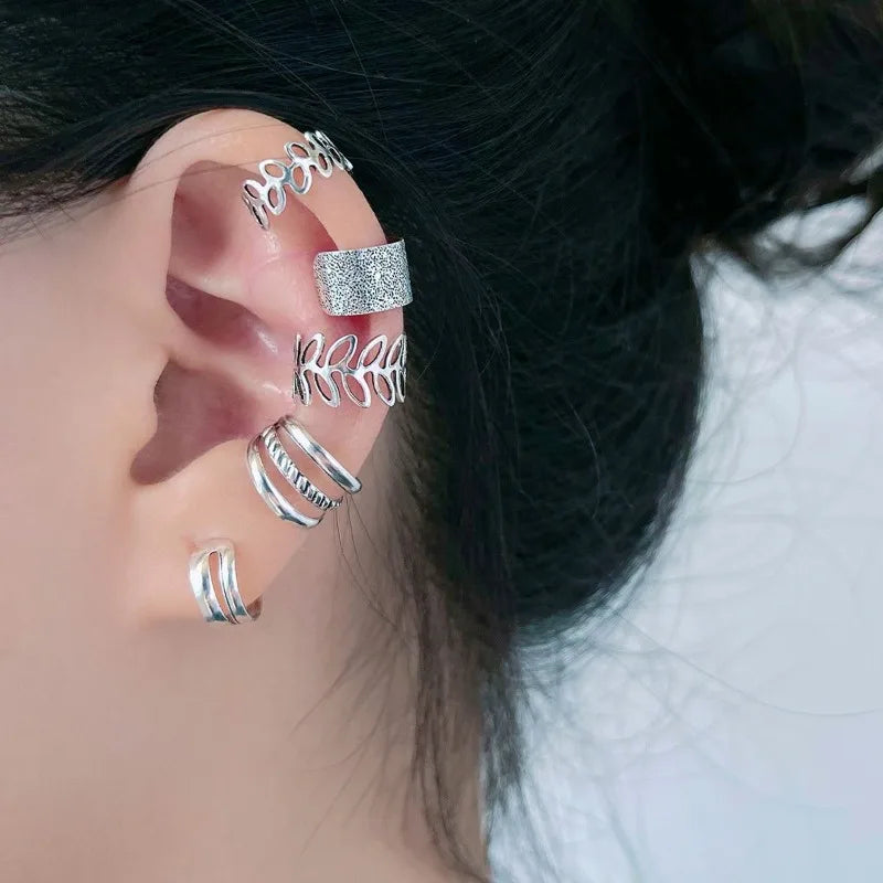 5-15pcs Simple Vintage Metal Clip Earrings Set for Women Teens Casual Hollow Leaf Fake Piercing Earring Jewelry Accessories Gift