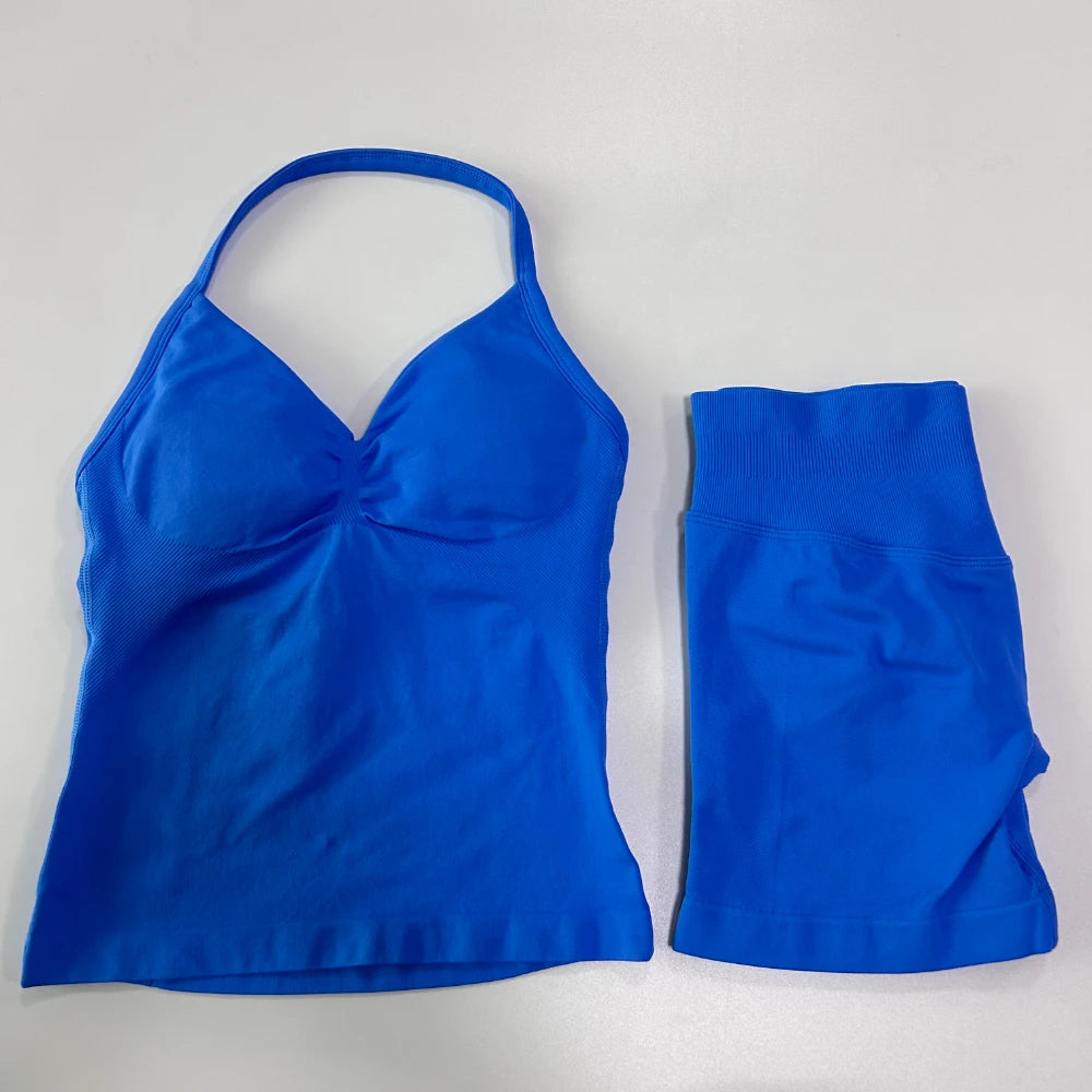 Women's 2-Piece Gym Set - Backless Tank Top & Seamless Shorts