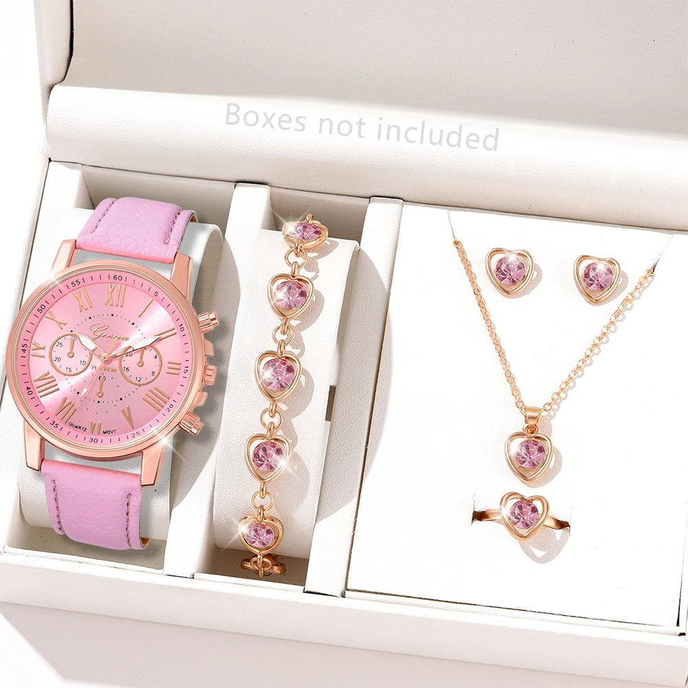 6PCS/Set Fashion Women's Quartz Watch Leather Band Analog Wrist Watches Heart Rhinestone Jewelry Set(Without Box)