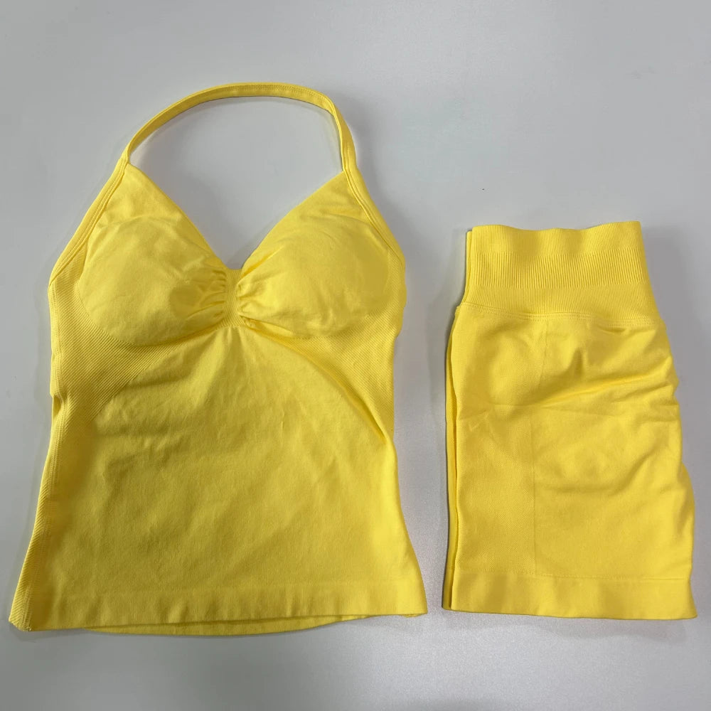 Women's 2-Piece Gym Set - Backless Tank Top & Seamless Shorts