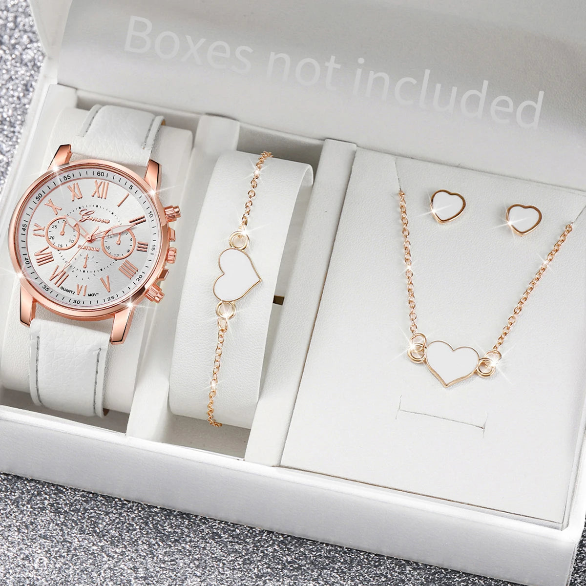 6PCS/Set Fashion Women's Quartz Watch Leather Band Analog Wrist Watches Heart Rhinestone Jewelry Set(Without Box)