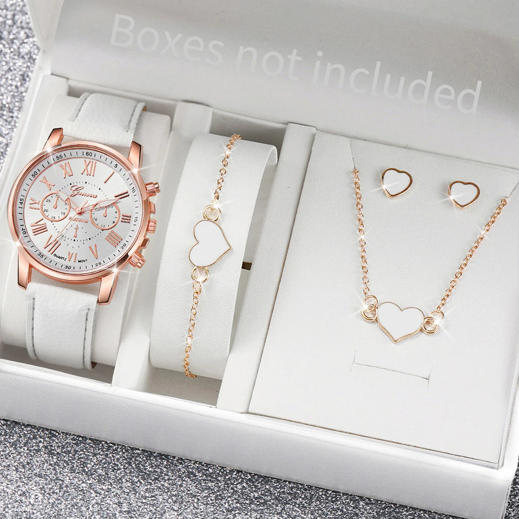 6PCS/Set Fashion Women's Quartz Watch Leather Band Analog Wrist Watches Heart Rhinestone Jewelry Set(Without Box)