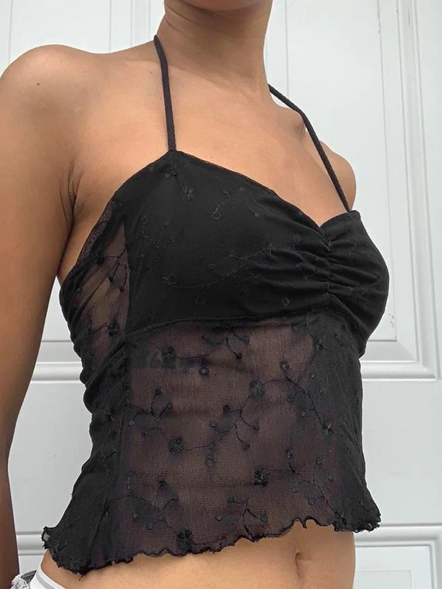 Y2K Halter Crop Top - Sexy Lace Floral Backless Summer Tank