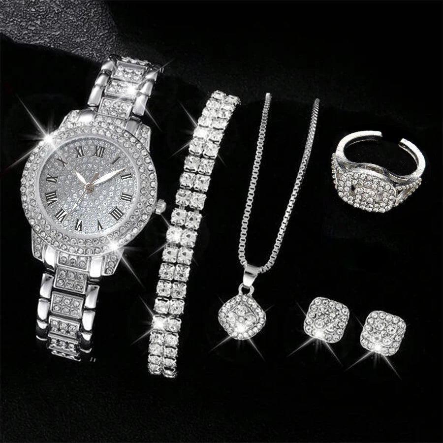 6PCS/SET Silver Women's Watch Business Leisure Element Watch Luxury Dial Quartz Watch Jewelry Set Gift For Her