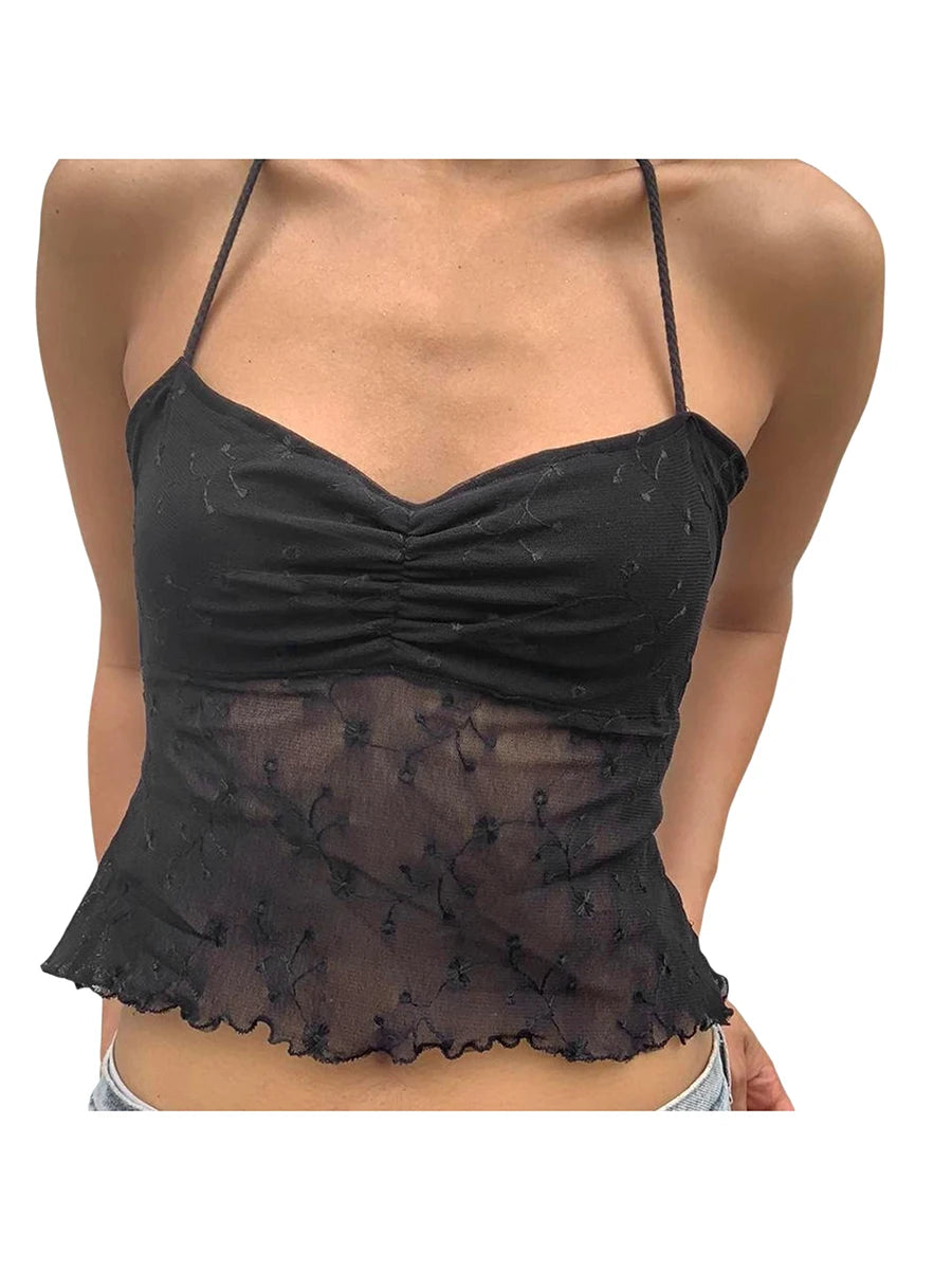 Y2K Halter Crop Top - Sexy Lace Floral Backless Summer Tank