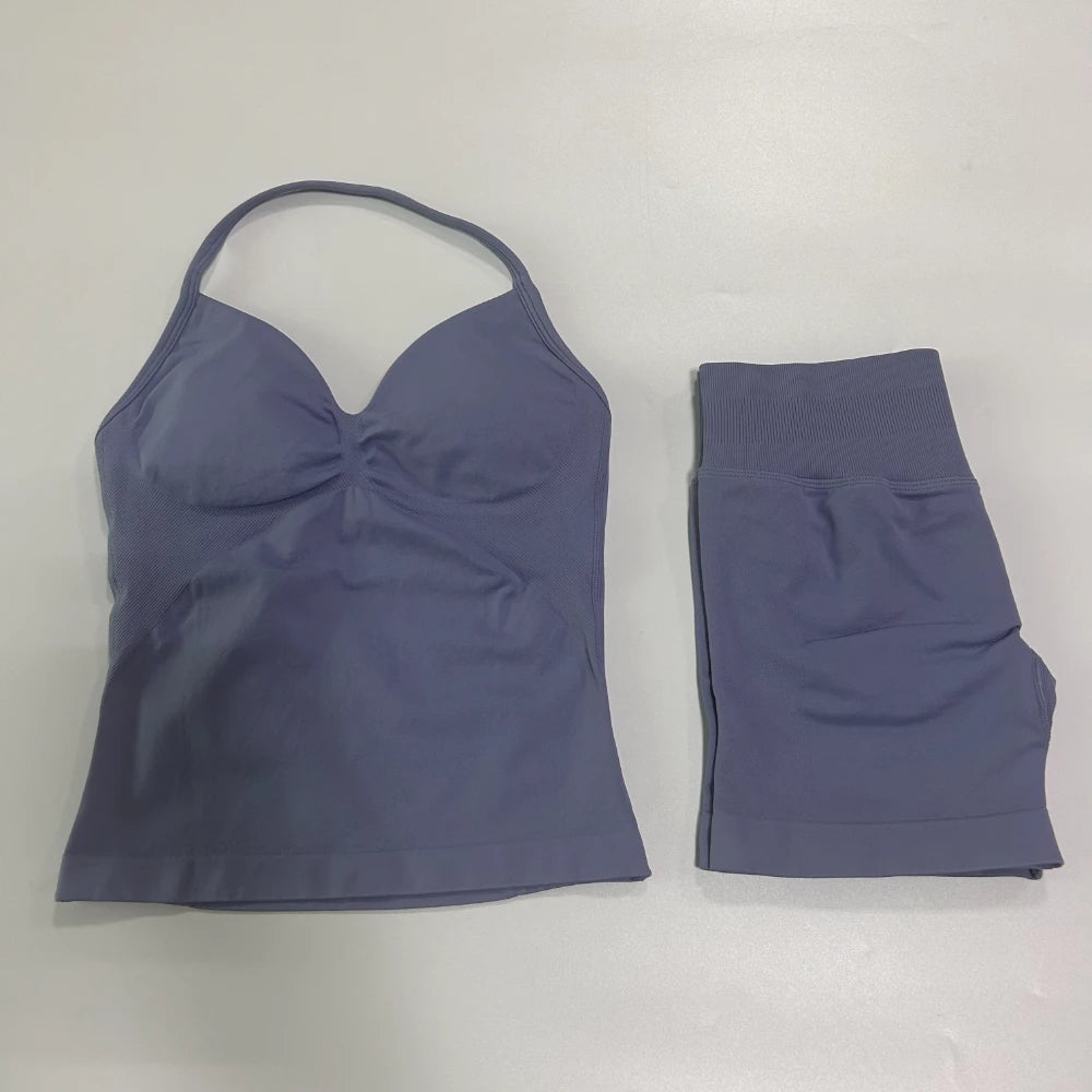Women's 2-Piece Gym Set - Backless Tank Top & Seamless Shorts