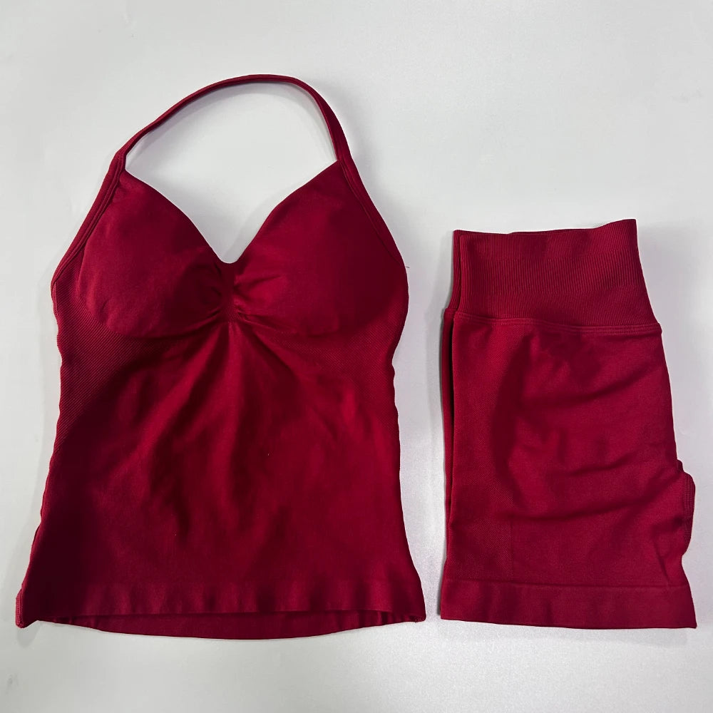 Women's 2-Piece Gym Set - Backless Tank Top & Seamless Shorts