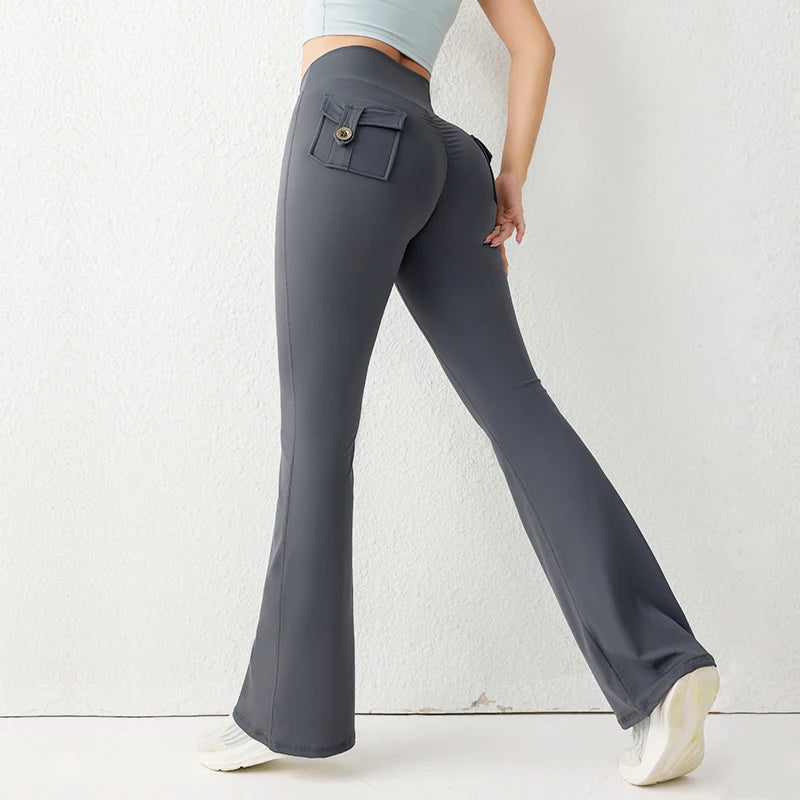 Solid Color Butt Lifting Gym Fitness Pants High Waist Flared Yoga Leggings for Women