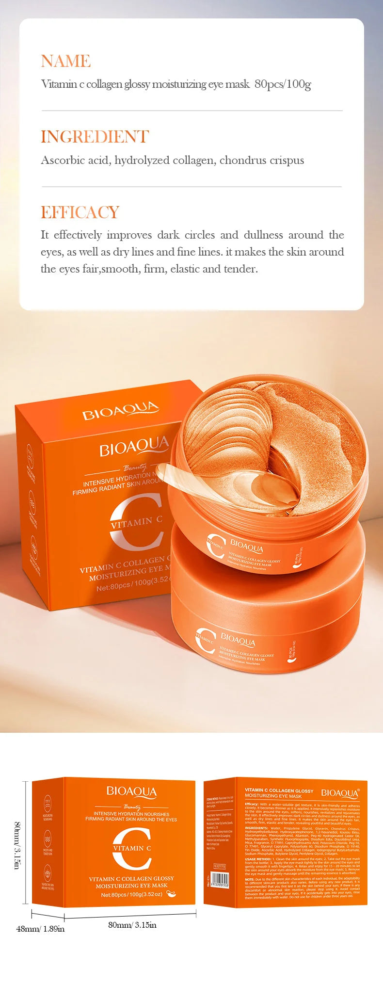 80pcs BIOAQUA Vitamin C Crystal Collagen Eye Mask Anti Dark Circles Whitening Anti-Wrinkles Moisturizing Anti-Aging Eye Patches