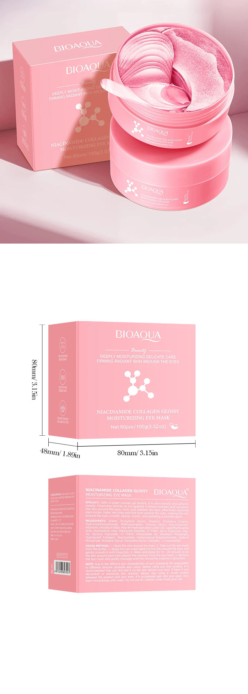 80pcs BIOAQUA Nicotinamide Collagen Eye Mask Anti Dark Circles Whitening Anti-Wrinkles Moisturizing Anti-Aging Eye Patches