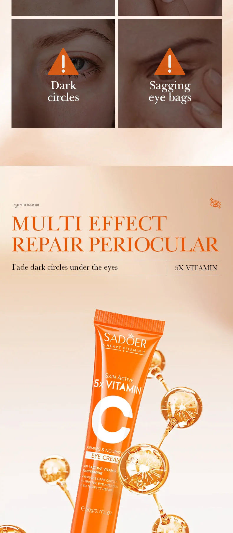 SADOER Vitamin C Eye Cream Anti Dark Circles Eyes Bags Remover Moisturizing Brightening Firming Skin Care Products for Eyes
