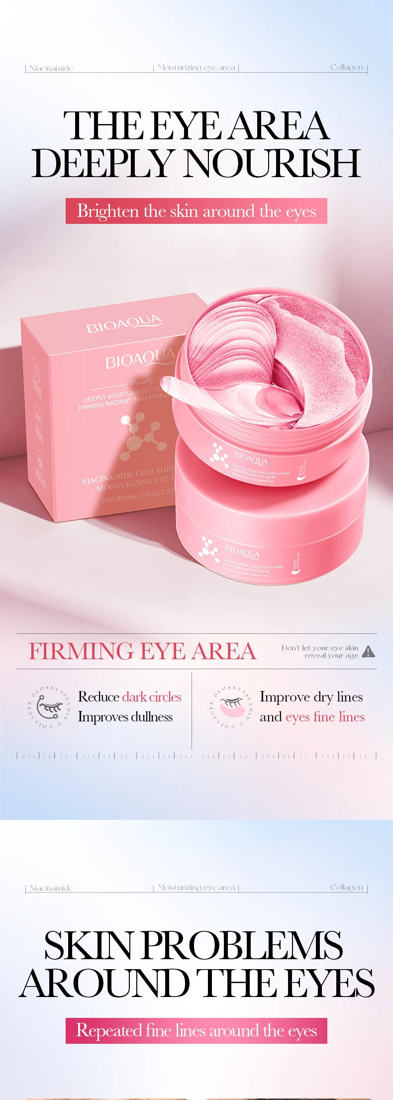 80pcs BIOAQUA Nicotinamide Collagen Eye Mask Anti Dark Circles Whitening Anti-Wrinkles Moisturizing Anti-Aging Eye Patches