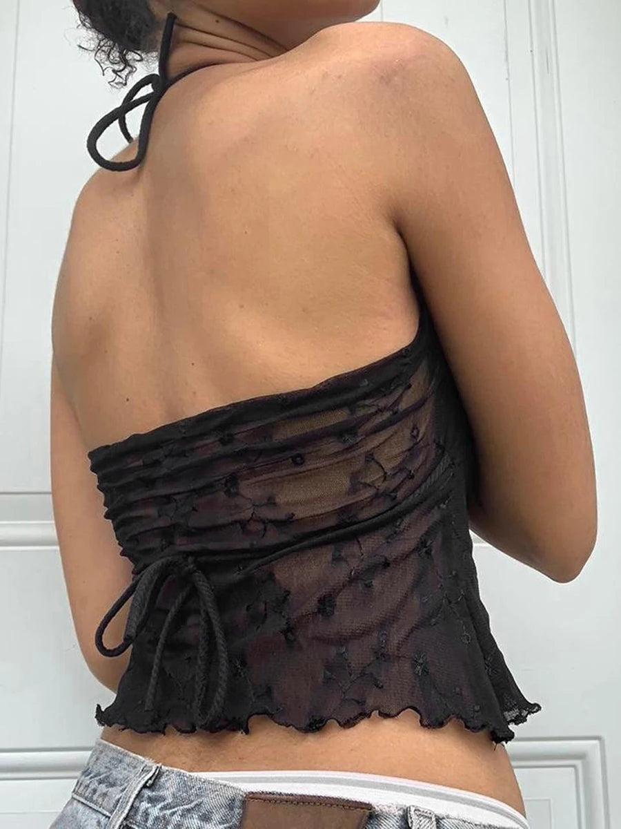 Y2K Halter Crop Top - Sexy Lace Floral Backless Summer Tank
