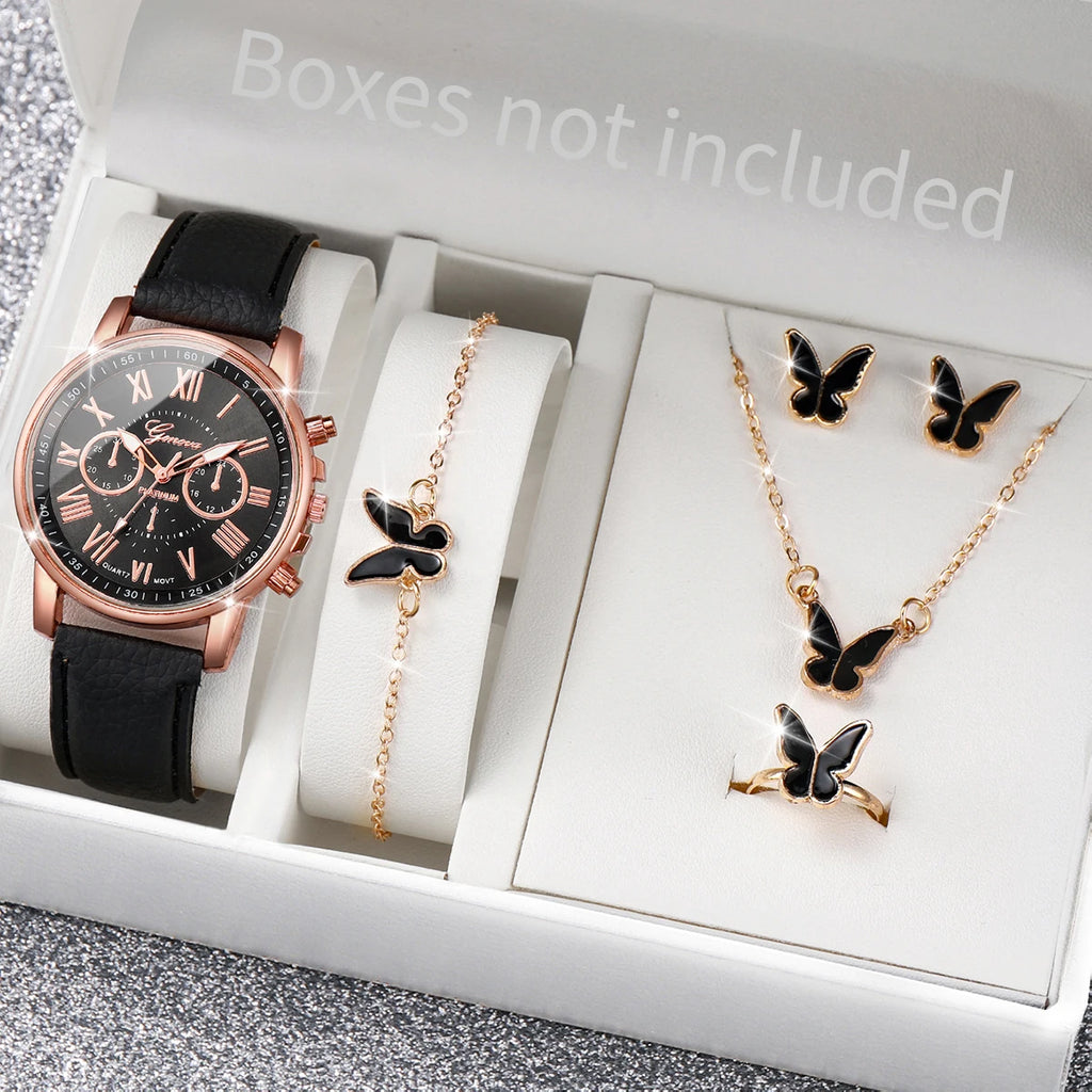 6PCS/Set Fashion Women's Quartz Watch Leather Band Analog Wrist Watches Heart Rhinestone Jewelry Set(Without Box)
