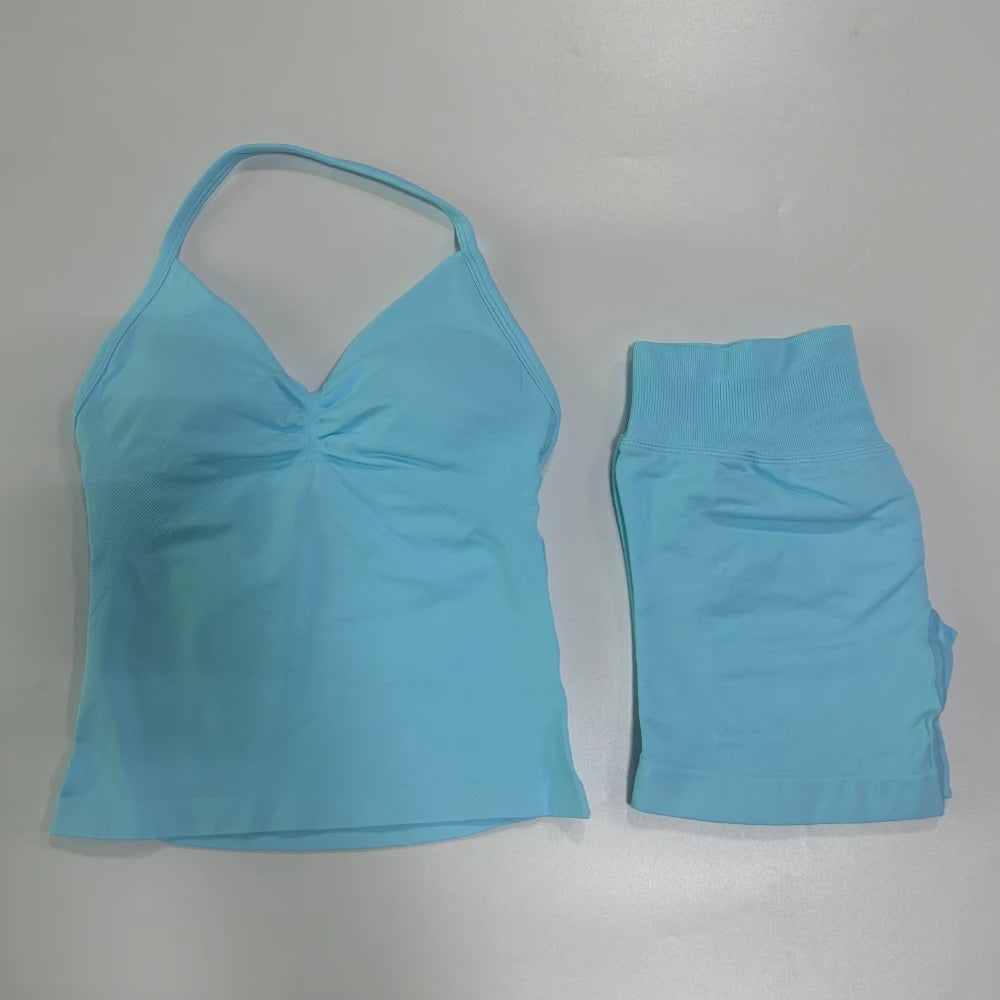 Women's 2-Piece Gym Set - Backless Tank Top & Seamless Shorts
