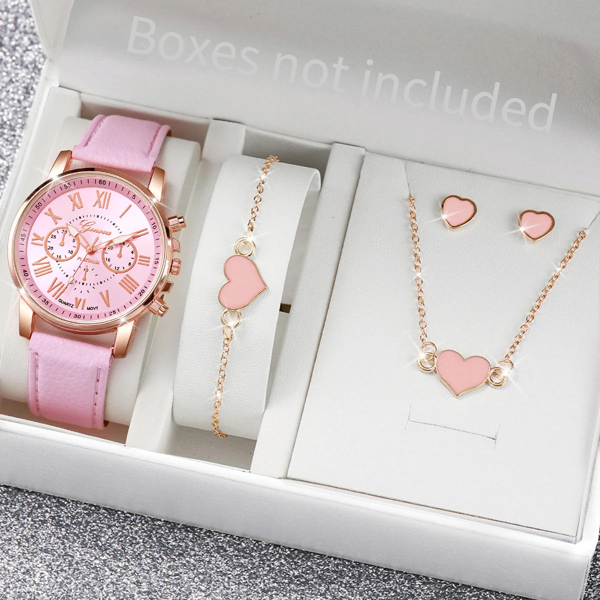 6PCS/Set Fashion Women's Quartz Watch Leather Band Analog Wrist Watches Heart Rhinestone Jewelry Set(Without Box)