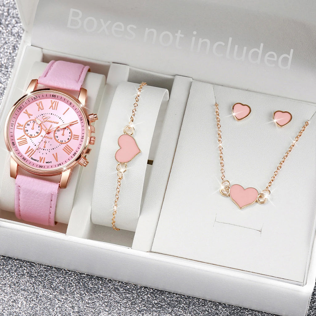 6PCS/Set Fashion Women's Quartz Watch Leather Band Analog Wrist Watches Heart Rhinestone Jewelry Set(Without Box)