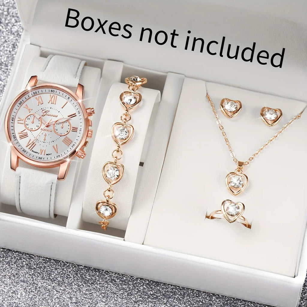 6PCS/Set Fashion Women's Quartz Watch Leather Band Analog Wrist Watches Heart Rhinestone Jewelry Set(Without Box)