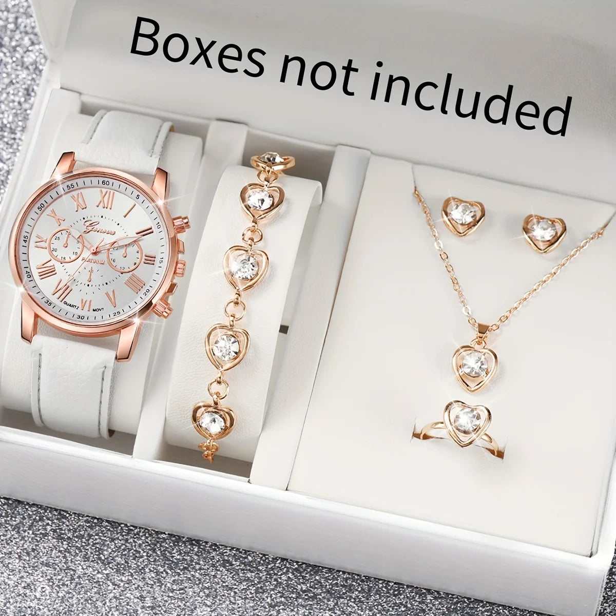 6PCS/Set Fashion Women's Quartz Watch Leather Band Analog Wrist Watches Heart Rhinestone Jewelry Set(Without Box)
