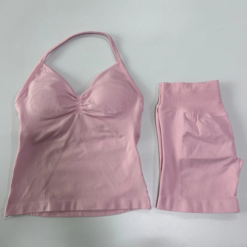 Women's 2-Piece Gym Set - Backless Tank Top & Seamless Shorts