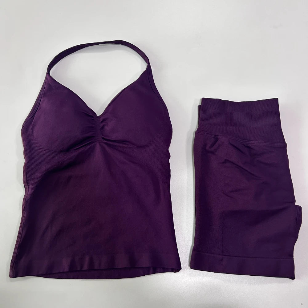 Women's 2-Piece Gym Set - Backless Tank Top & Seamless Shorts