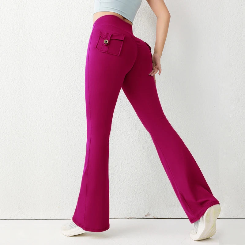 Solid Color Butt Lifting Gym Fitness Pants High Waist Flared Yoga Leggings for Women
