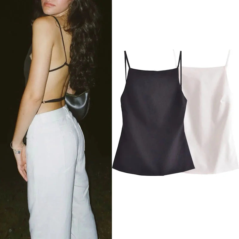 Women's Backless Crop Top - Sleeveless Summer Party Top with Straps