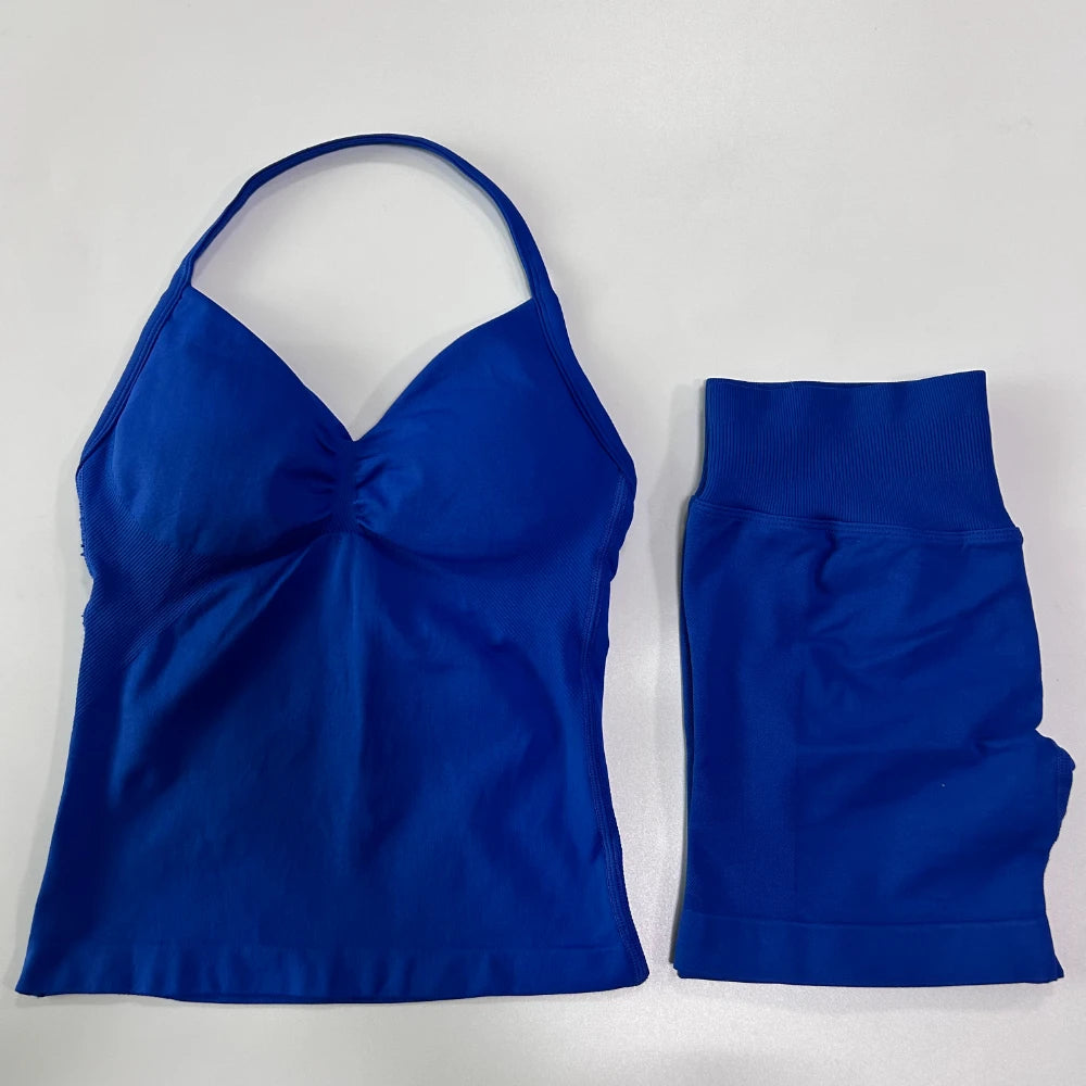 Women's 2-Piece Gym Set - Backless Tank Top & Seamless Shorts