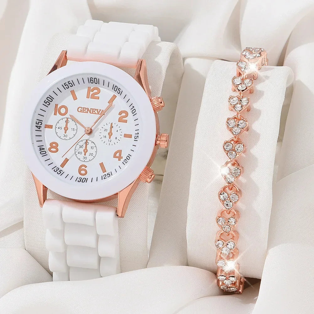 5PCS Set Luxury Watch Women Ring Necklace Earrings Rhinestone Fashion Wristwatch Female Casual Ladies Watches Bracelet Set Clock