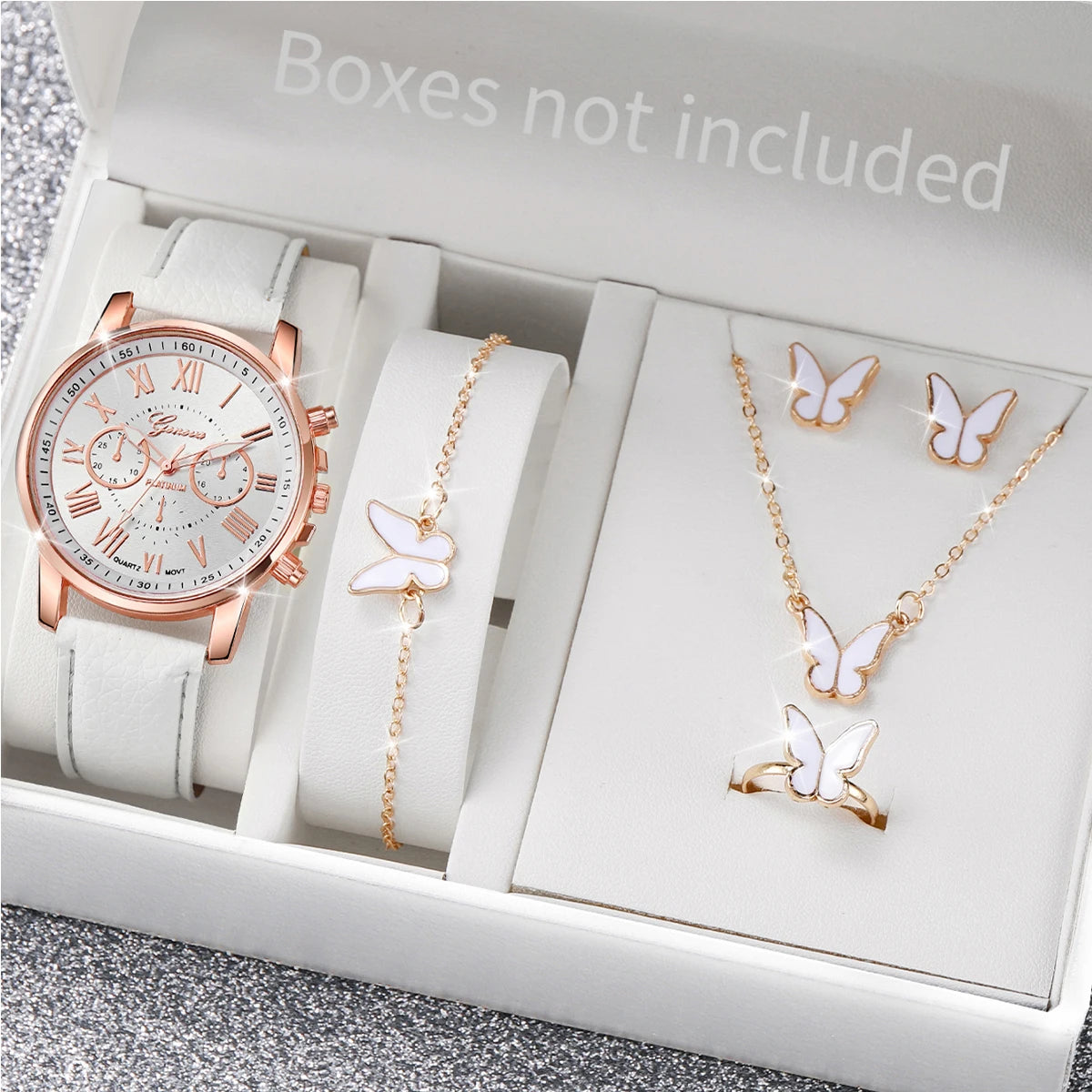 6PCS/Set Fashion Women's Quartz Watch Leather Band Analog Wrist Watches Heart Rhinestone Jewelry Set(Without Box)