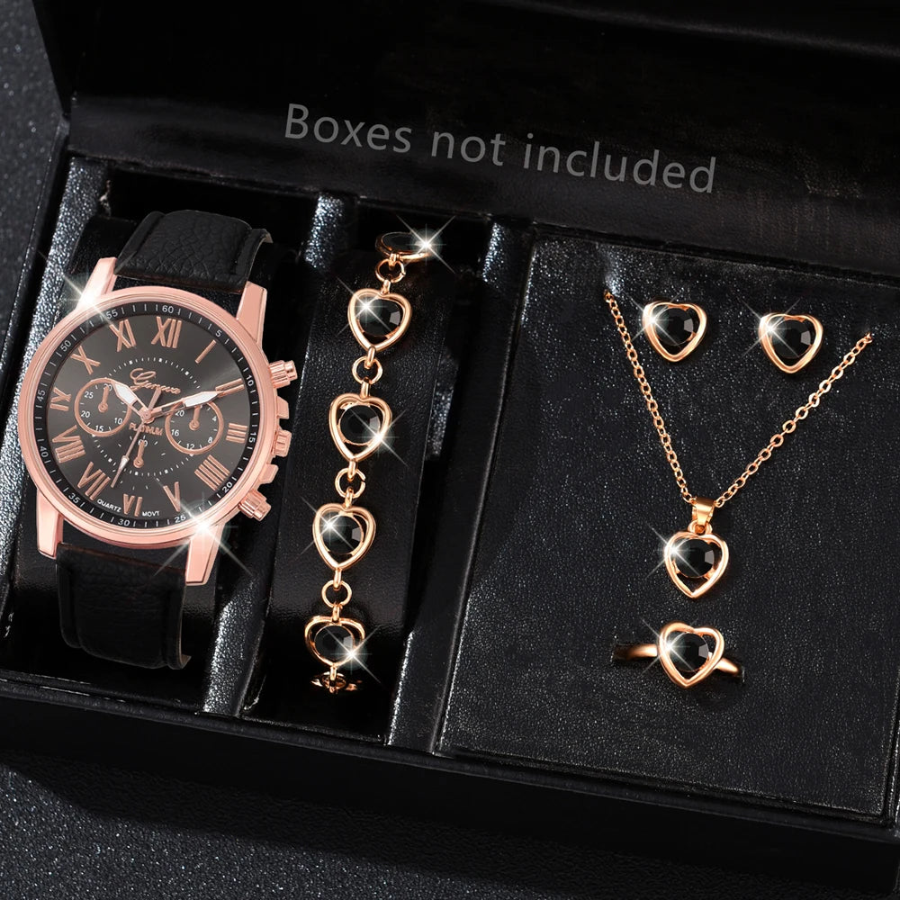 6PCS/Set Fashion Women's Quartz Watch Leather Band Analog Wrist Watches Heart Rhinestone Jewelry Set(Without Box)