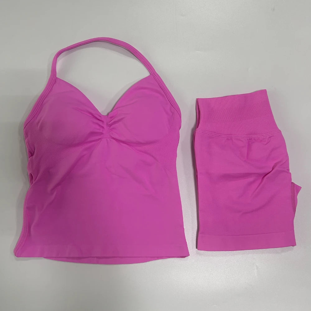 Women's 2-Piece Gym Set - Backless Tank Top & Seamless Shorts