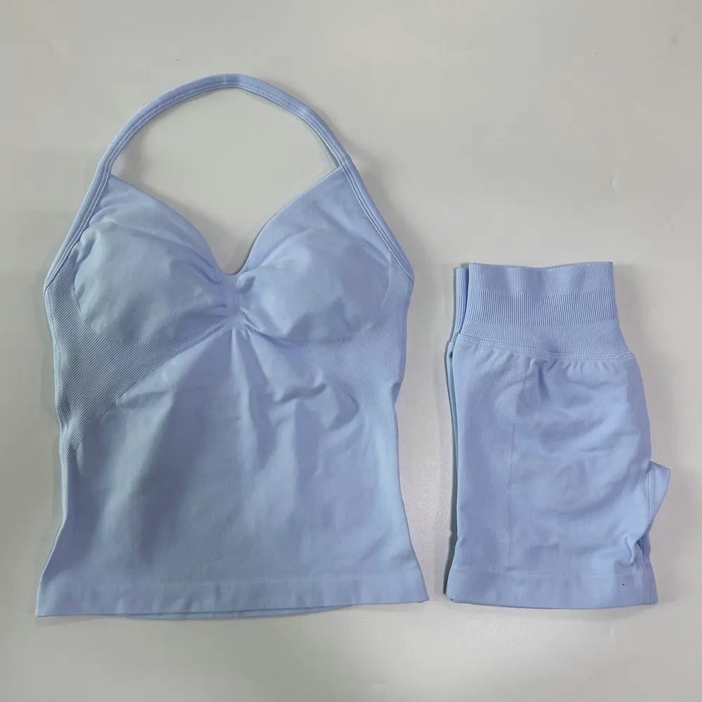 Women's 2-Piece Gym Set - Backless Tank Top & Seamless Shorts