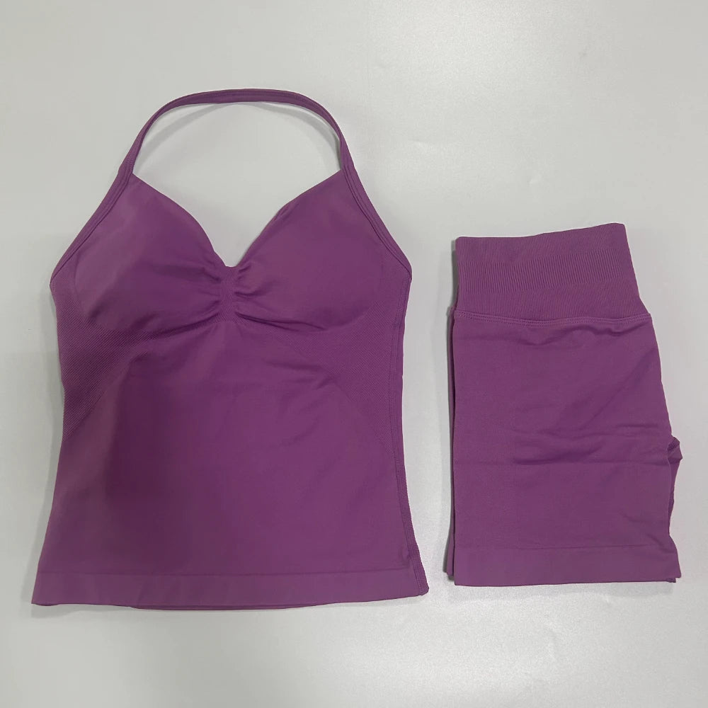 Women's 2-Piece Gym Set - Backless Tank Top & Seamless Shorts