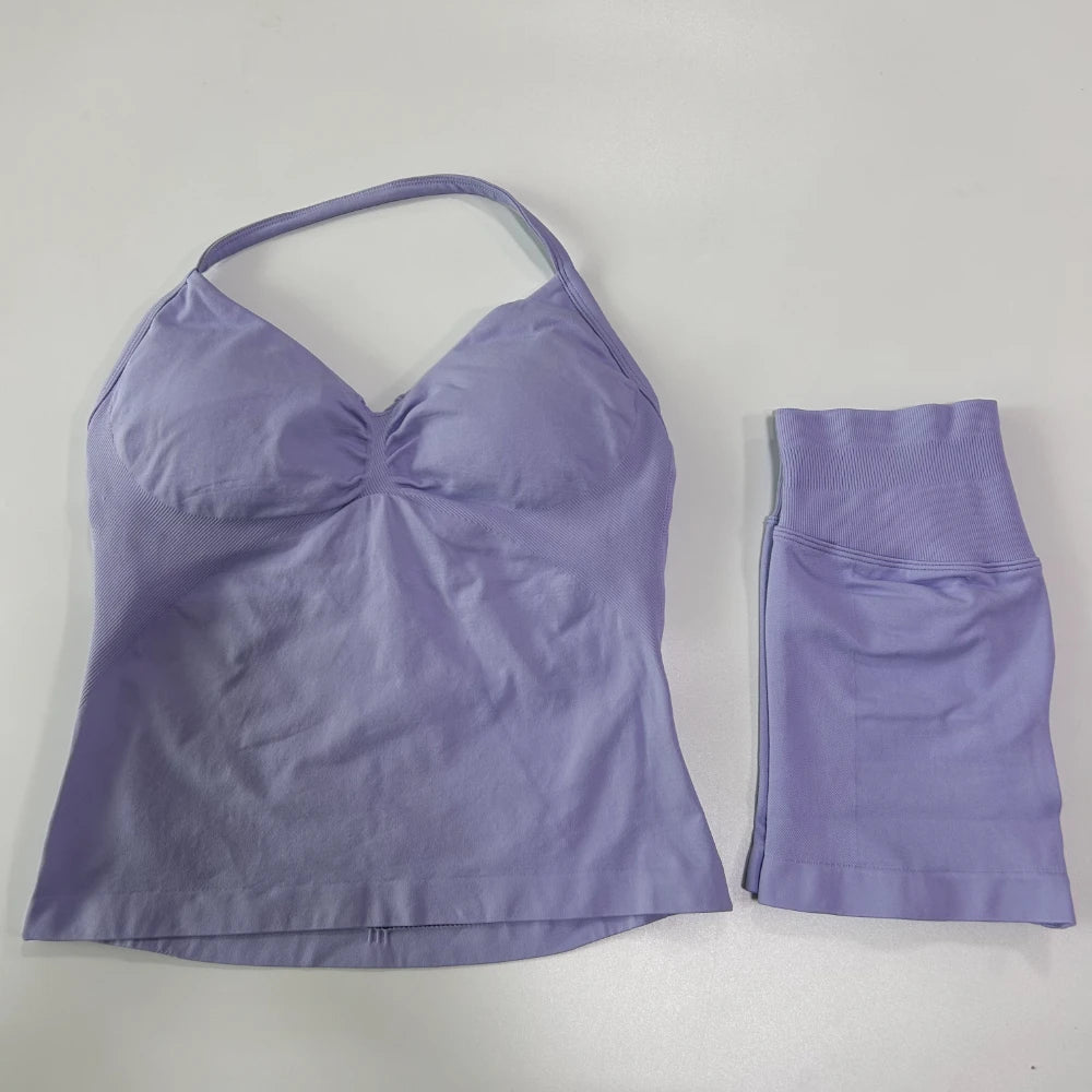 Women's 2-Piece Gym Set - Backless Tank Top & Seamless Shorts